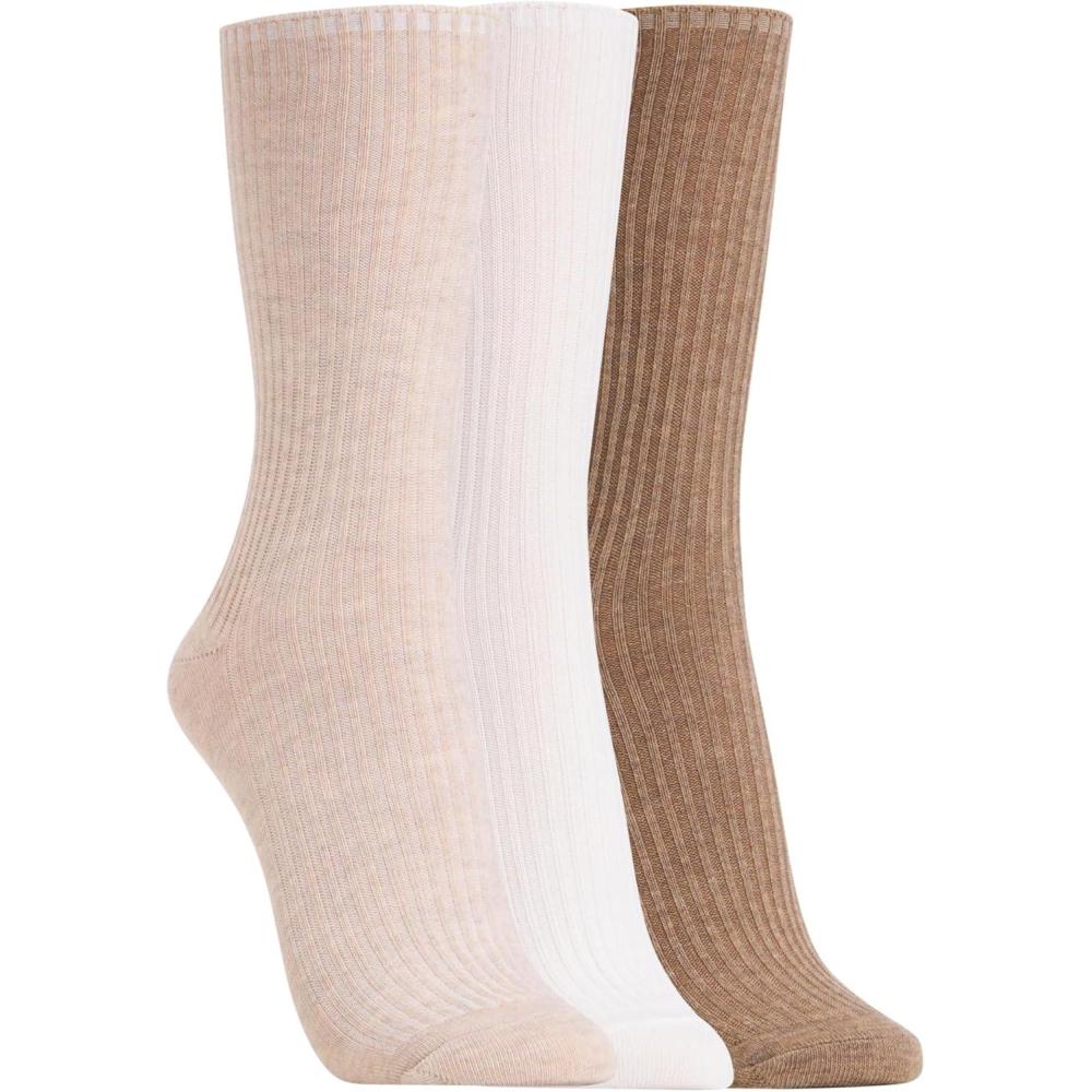 imageClarks Womens Ribbed Crew Socks 3 Pair OatmealIvoryTan Womens 410 Shoe