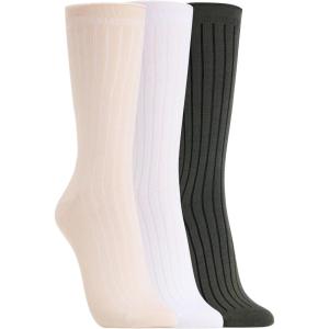 Clarks Women’s Wide Rib Roll Top Crew Socks 3 Pair,White/Ivory/Olive, Women’s 4-10 Shoe